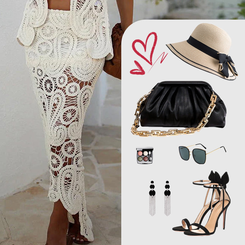 Summer Crochet Lace Elastic Irregular Hem Maxi Skirt
