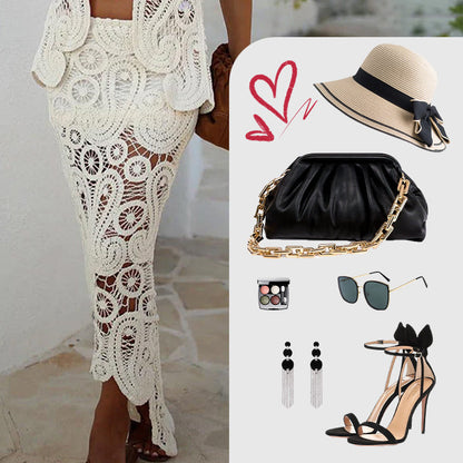 Summer Crochet Lace Elastic Irregular Hem Maxi Skirt