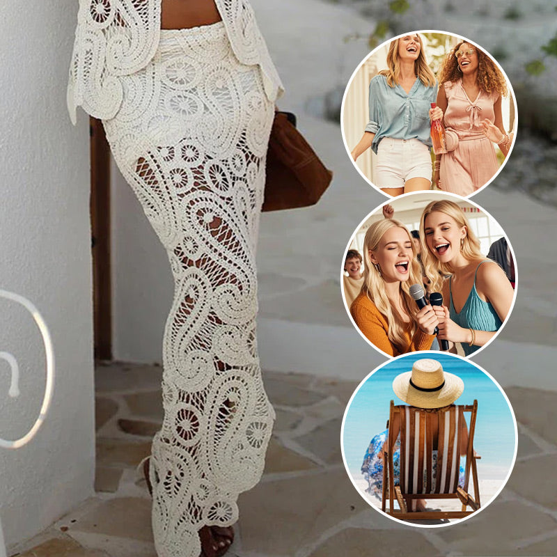 Summer Crochet Lace Elastic Irregular Hem Maxi Skirt