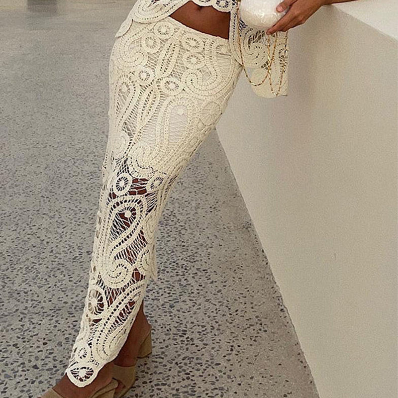 Summer Crochet Lace Elastic Irregular Hem Maxi Skirt