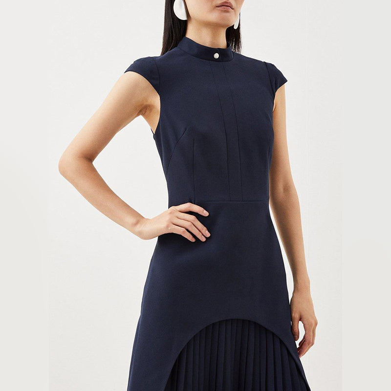 Military Style Cap Sleeve High Neck Patchwork Pleated Hem Mini Dress