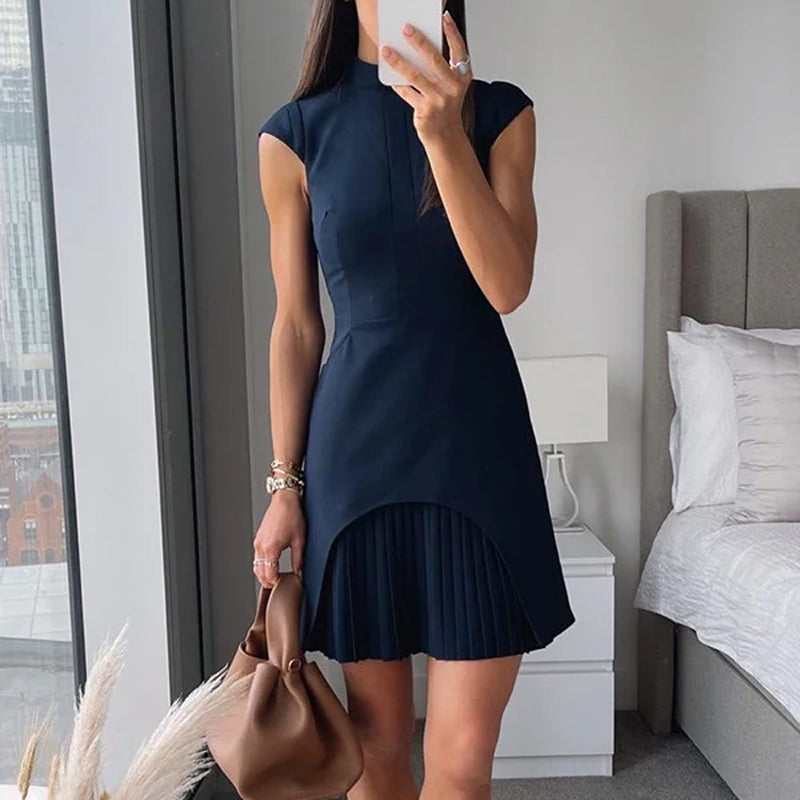 Military Style Cap Sleeve High Neck Patchwork Pleated Hem Mini Dress