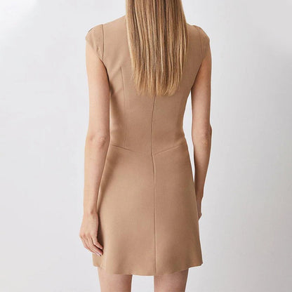 Military Style Cap Sleeve High Neck Patchwork Pleated Hem Mini Dress