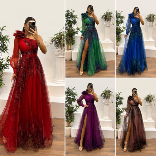 Sexy Prom Floral Print Slit Mesh Flower Shape Sloping Shoulder Evening Dresses