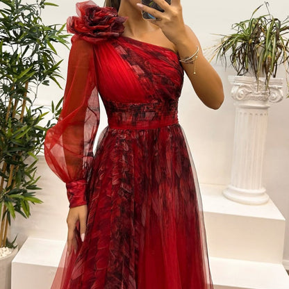 Sexy Prom Floral Print Slit Mesh Flower Shape Sloping Shoulder Evening Dresses