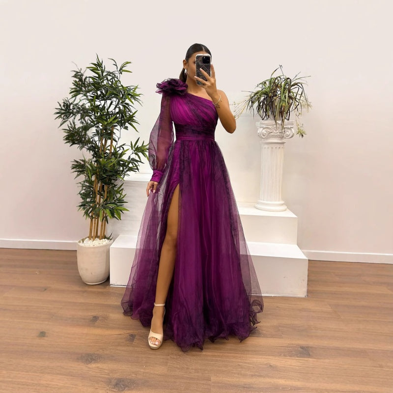 Sexy Prom Floral Print Slit Mesh Flower Shape Sloping Shoulder Evening Dresses