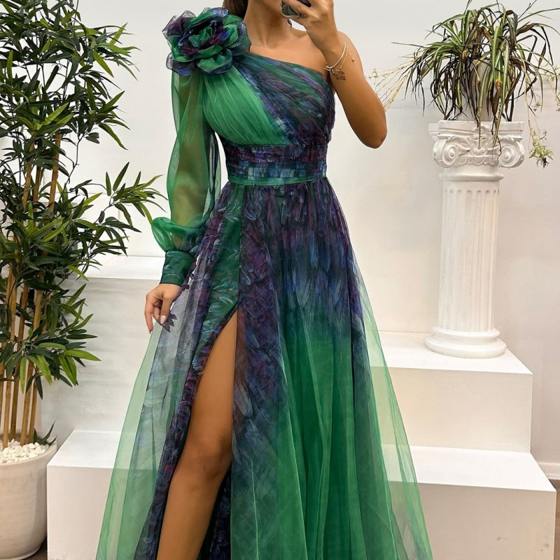 Sexy Prom Floral Print Slit Mesh Flower Shape Sloping Shoulder Evening Dresses
