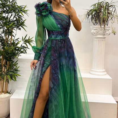 Sexy Prom Floral Print Slit Mesh Flower Shape Sloping Shoulder Evening Dresses