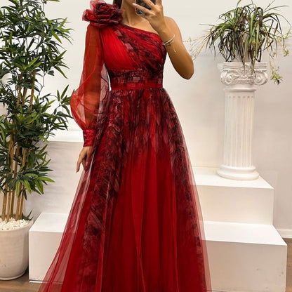 Sexy Prom Floral Print Slit Mesh Flower Shape Sloping Shoulder Evening Dresses