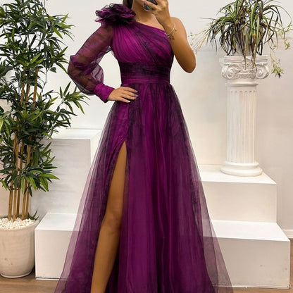 Sexy Prom Floral Print Slit Mesh Flower Shape Sloping Shoulder Evening Dresses