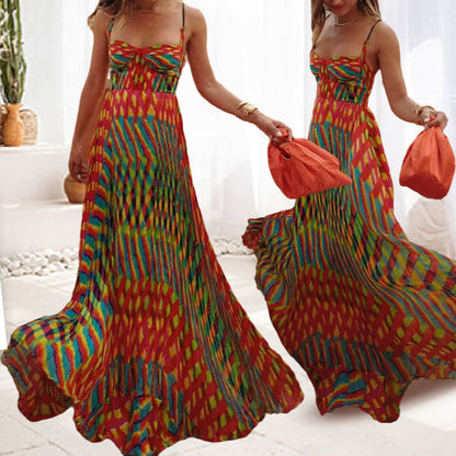 Spaghetti Strap Contrast Print Swing Maxi Vacation Dress