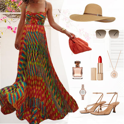 Spaghetti Strap Contrast Print Swing Maxi Vacation Dress