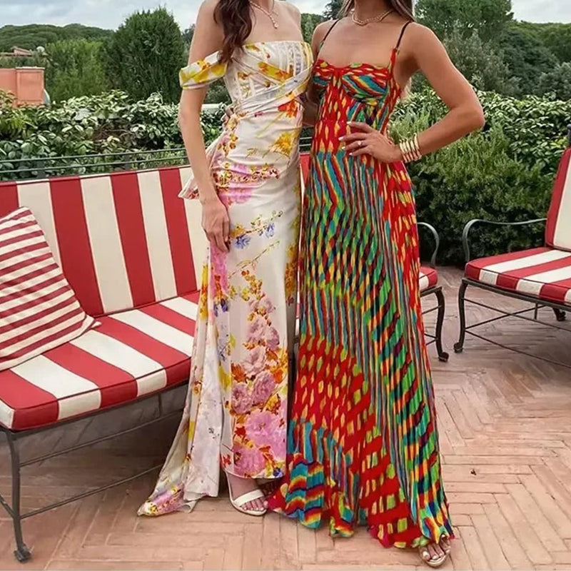 Spaghetti Strap Contrast Print Swing Maxi Vacation Dress