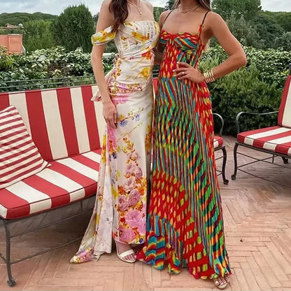 Spaghetti Strap Contrast Print Swing Maxi Vacation Dress