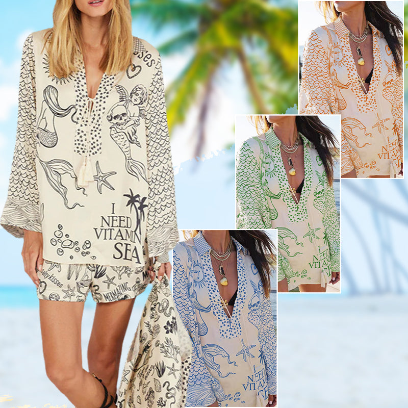 Live By Water Satin Unique Print Tassle Shirt and Elastic Waist Shorts Set