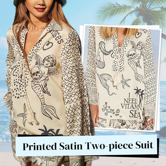 Live By Water Satin Unique Print Tassle Shirt and Elastic Waist Shorts Set