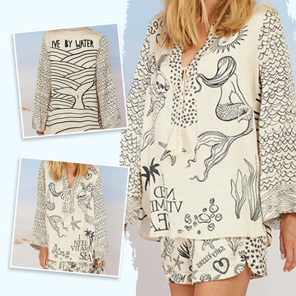 Live By Water Satin Unique Print Tassle Shirt and Elastic Waist Shorts Set