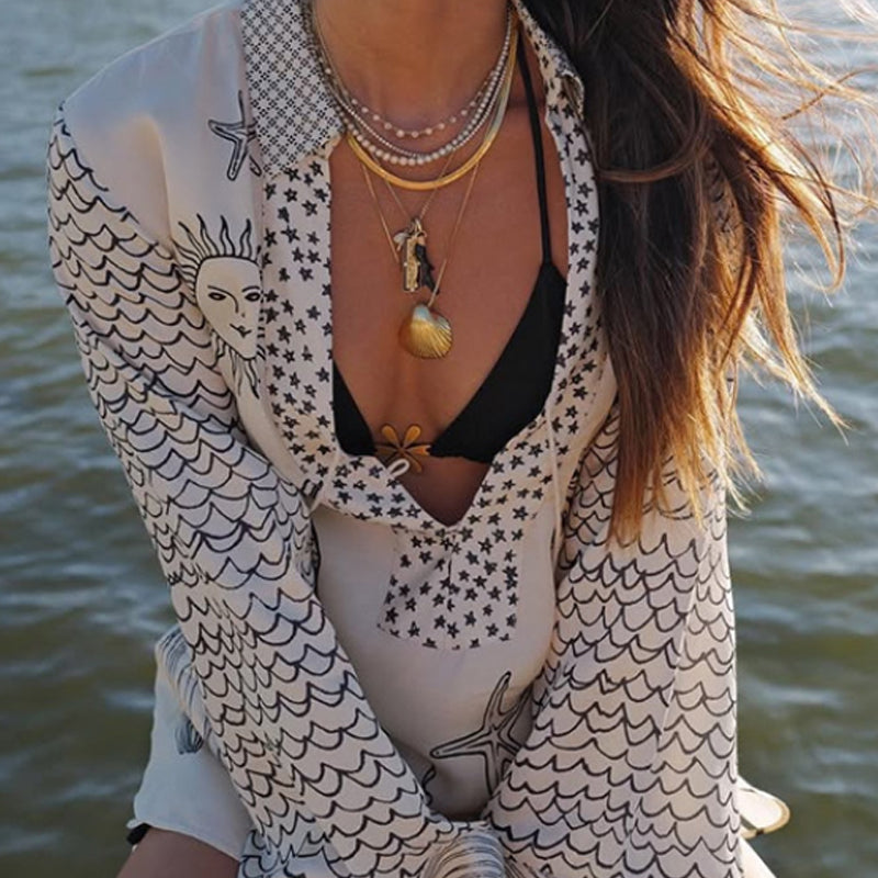 Live By Water Satin Unique Print Tassle Shirt and Elastic Waist Shorts Set