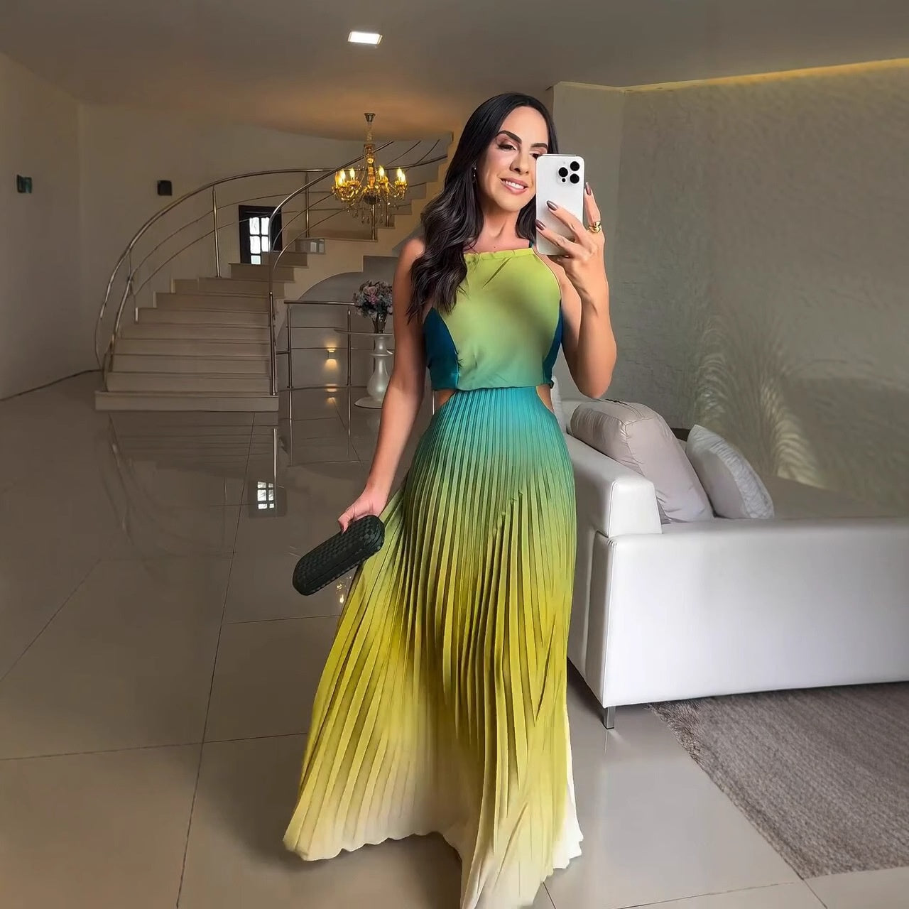 Fashionable Backless Tie Elegant Gradient Pleated Maxi Dress