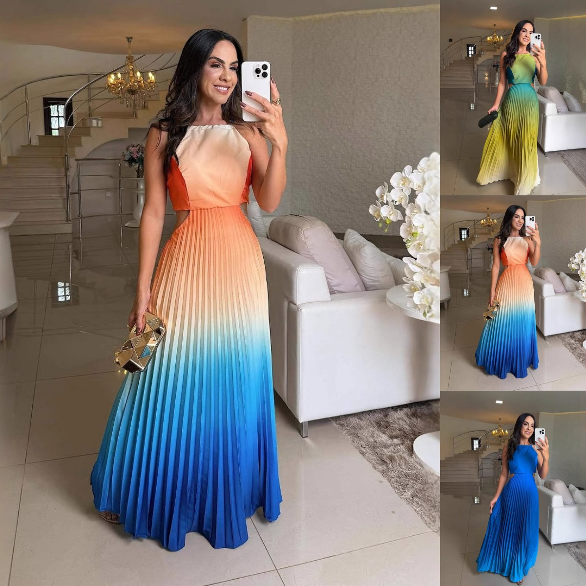 Fashionable Backless Tie Elegant Gradient Pleated Maxi Dress