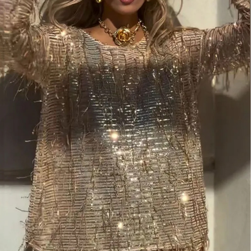 Fashion Sequin Round Neck Long Sleeve Tassel Top and Elastic Waist Casual Shorts Set