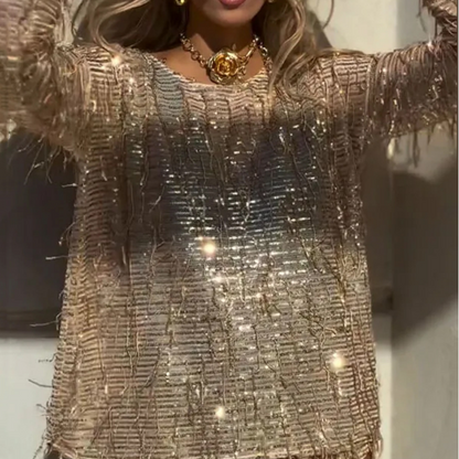 Fashion Sequin Round Neck Long Sleeve Tassel Top and Elastic Waist Casual Shorts Set
