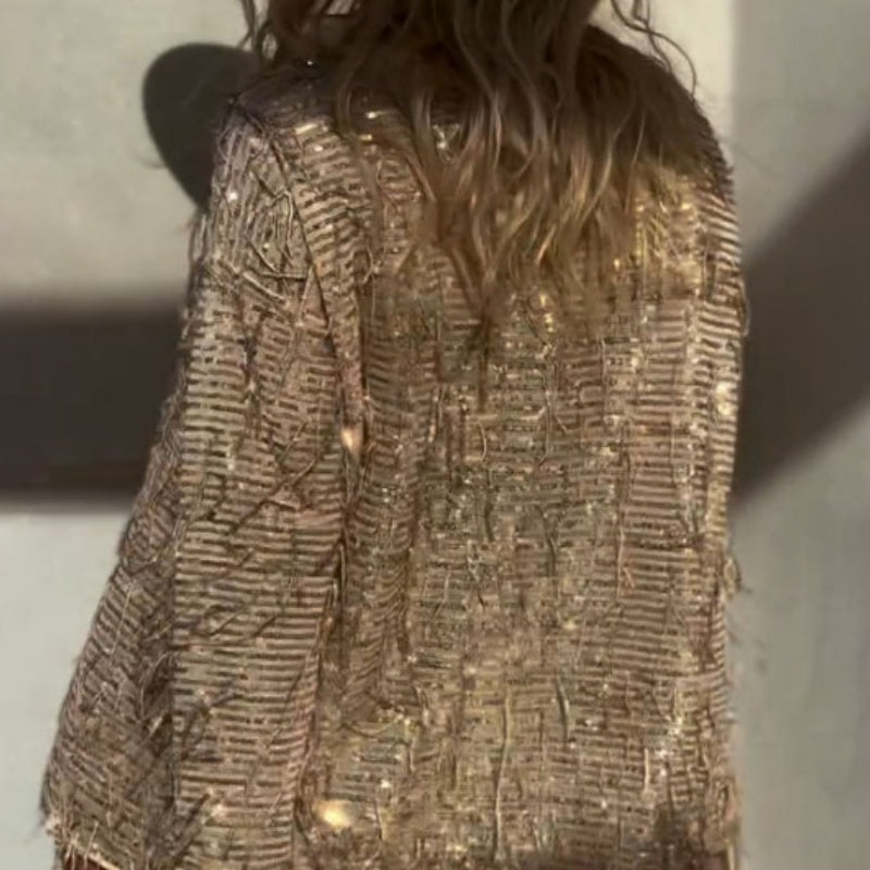 Fashion Sequin Round Neck Long Sleeve Tassel Top and Elastic Waist Casual Shorts Set