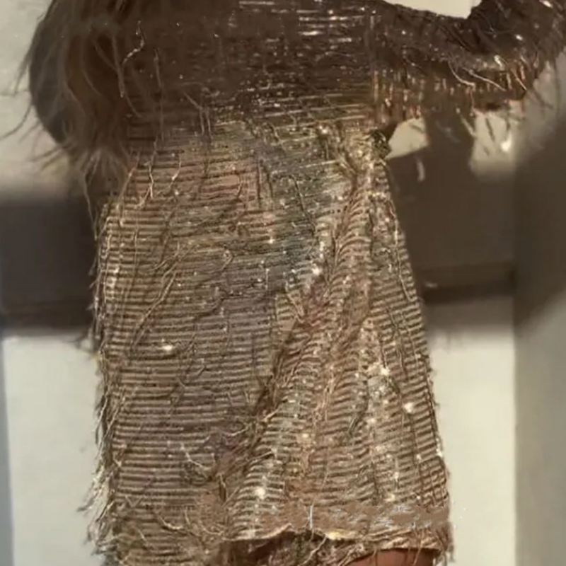 Fashion Sequin Round Neck Long Sleeve Tassel Top and Elastic Waist Casual Shorts Set