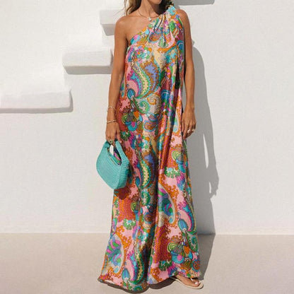 Vibrant Patterns Bow One-Shoulder Loose Maxi Dress