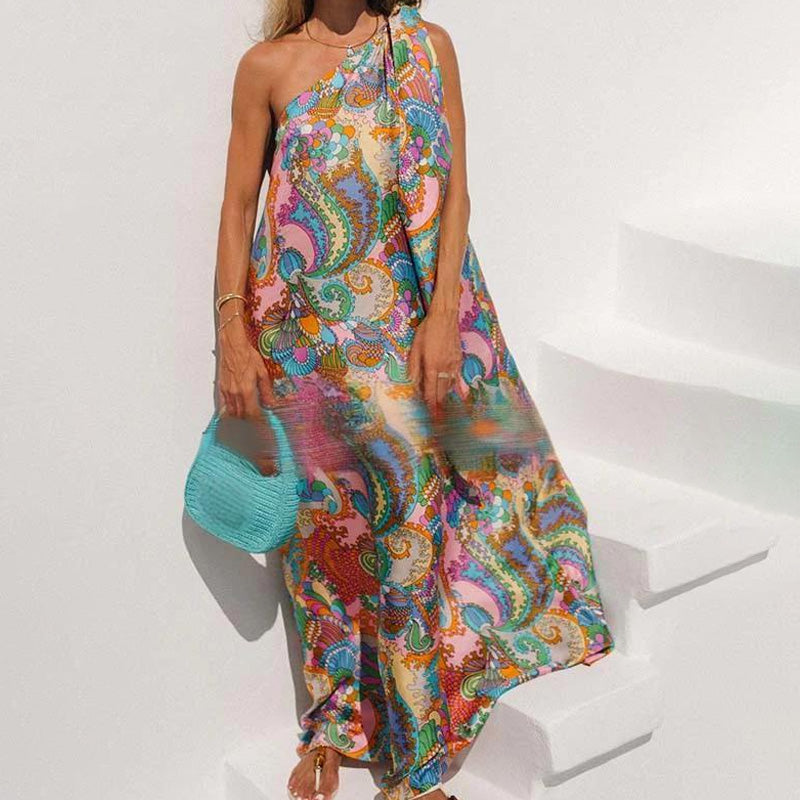 Vibrant Patterns Bow One-Shoulder Loose Maxi Dress