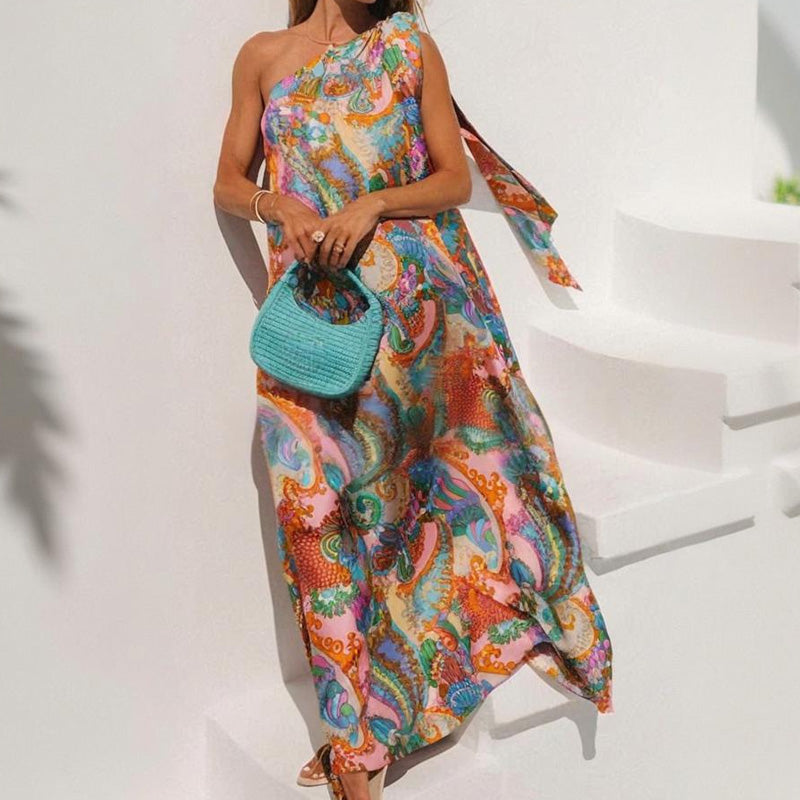 Vibrant Patterns Bow One-Shoulder Loose Maxi Dress