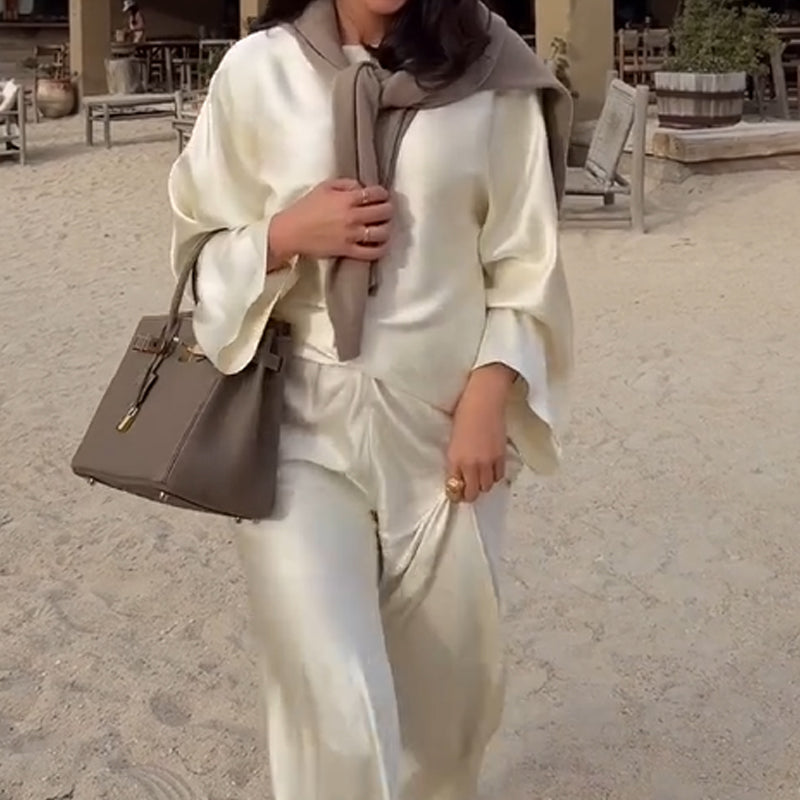 Silky and Elegant Satin Wide Neck Long Sleeve Loose Top and Elastic Waist Wide Leg Pants Set