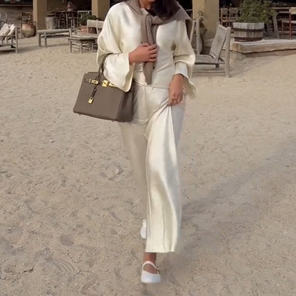 Silky and Elegant Satin Wide Neck Long Sleeve Loose Top and Elastic Waist Wide Leg Pants Set