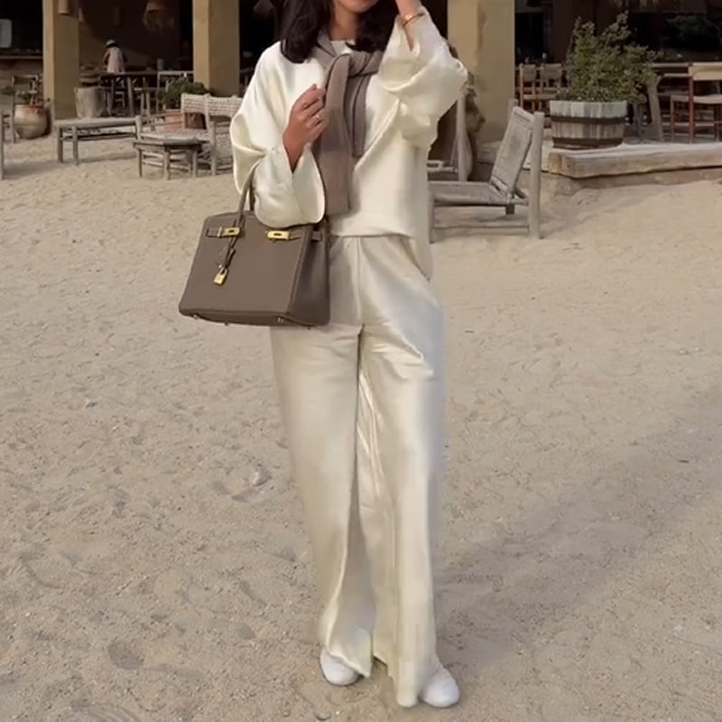 Silky and Elegant Satin Wide Neck Long Sleeve Loose Top and Elastic Waist Wide Leg Pants Set