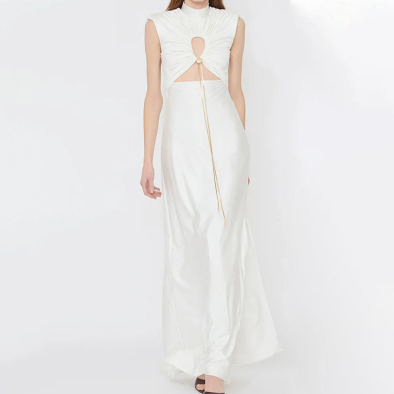 Genis Hollow Elastic Bust High Neck Sleeveless Gathered Maxi Dress