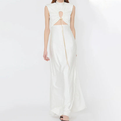 Genis Hollow Elastic Bust High Neck Sleeveless Gathered Maxi Dress