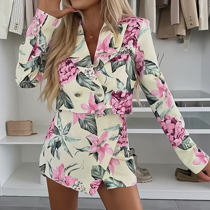 Picture Perfect Botanical Floral Print Long Sleeve Lapel Crop Blazer