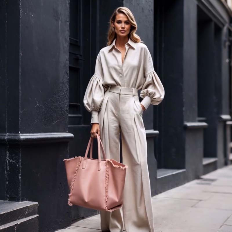 Solid Color Lapel Long-sleeved Loose Shirt and Casual Wide-leg Pants Set