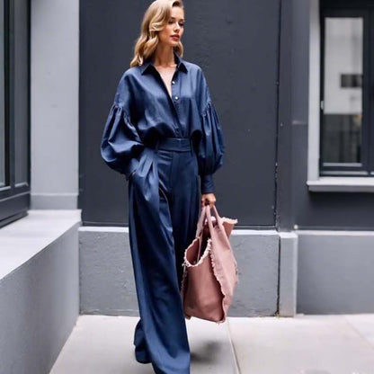 Solid Color Lapel Long-sleeved Loose Shirt and Casual Wide-leg Pants Set