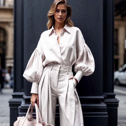 Solid Color Lapel Long-sleeved Loose Shirt and Casual Wide-leg Pants Set