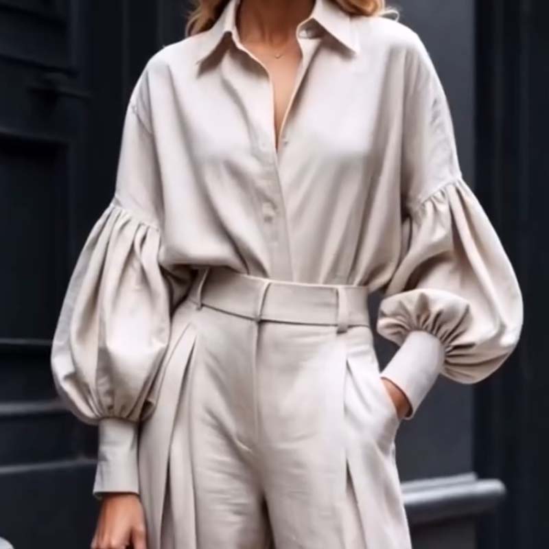 Solid Color Lapel Long-sleeved Loose Shirt and Casual Wide-leg Pants Set
