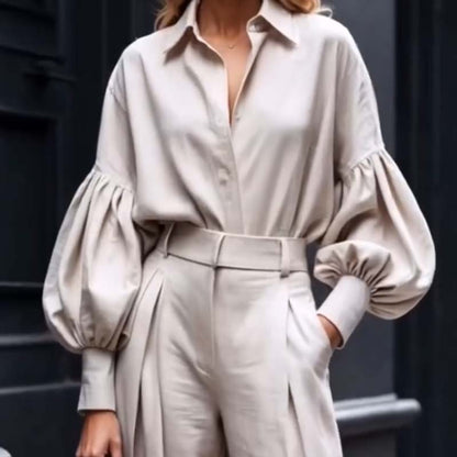 Solid Color Lapel Long-sleeved Loose Shirt and Casual Wide-leg Pants Set