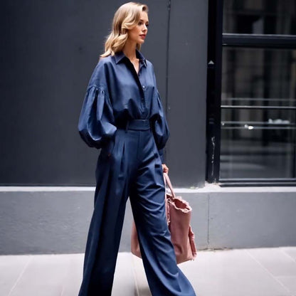 Solid Color Lapel Long-sleeved Loose Shirt and Casual Wide-leg Pants Set
