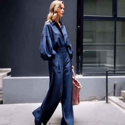 Solid Color Lapel Long-sleeved Loose Shirt and Casual Wide-leg Pants Set