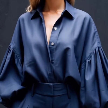 Solid Color Lapel Long-sleeved Loose Shirt and Casual Wide-leg Pants Set