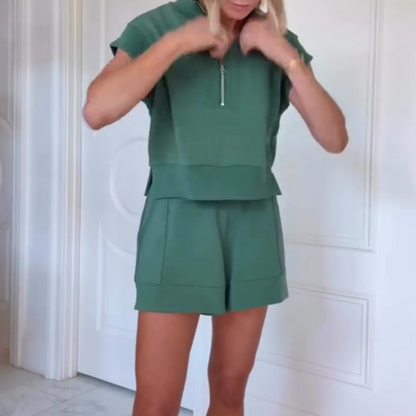 Buttery Touch Half-Zip Short Sleeve Sweatshirt and Elastic Waist Pocket Casual Shorts Set