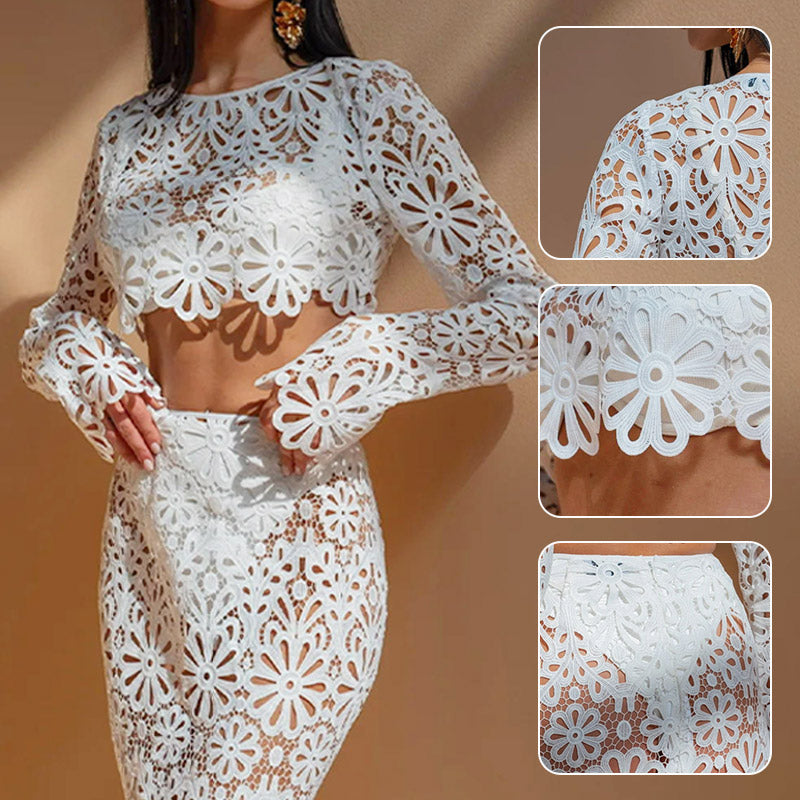 Balmy Summers Crochet Lace Floral Pattern Elastic Waist Fishtail Vacation Maxi Skirt