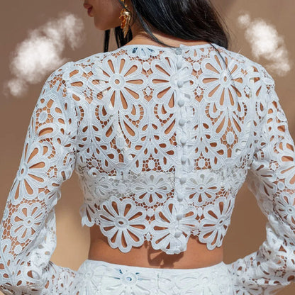 Balmy Summers Crochet Lace Floral Pattern Elastic Waist Fishtail Vacation Maxi Skirt