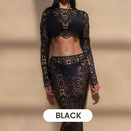 Balmy Summers Crochet Lace Floral Pattern Elastic Waist Fishtail Vacation Maxi Skirt