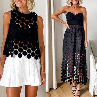 Casie See Through Circle Embroidery Elastic Waist Tassle Hem Maxi Skirt